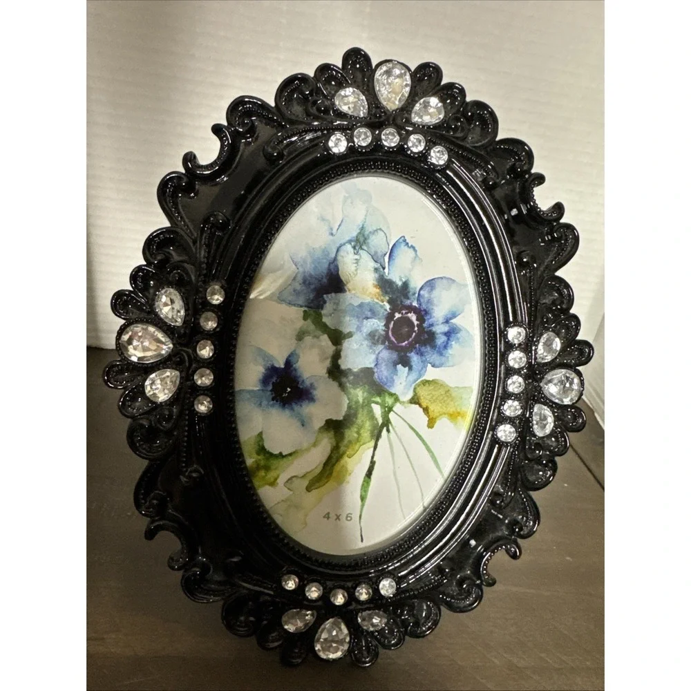 Vintage Black Acrylic Oval Frame Rhinestones 4 X 6 Felt Back‎ Stand Glass Insert